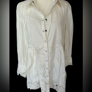 Free People White Button Down Shirt with Embroidery Two Piece Size Medium